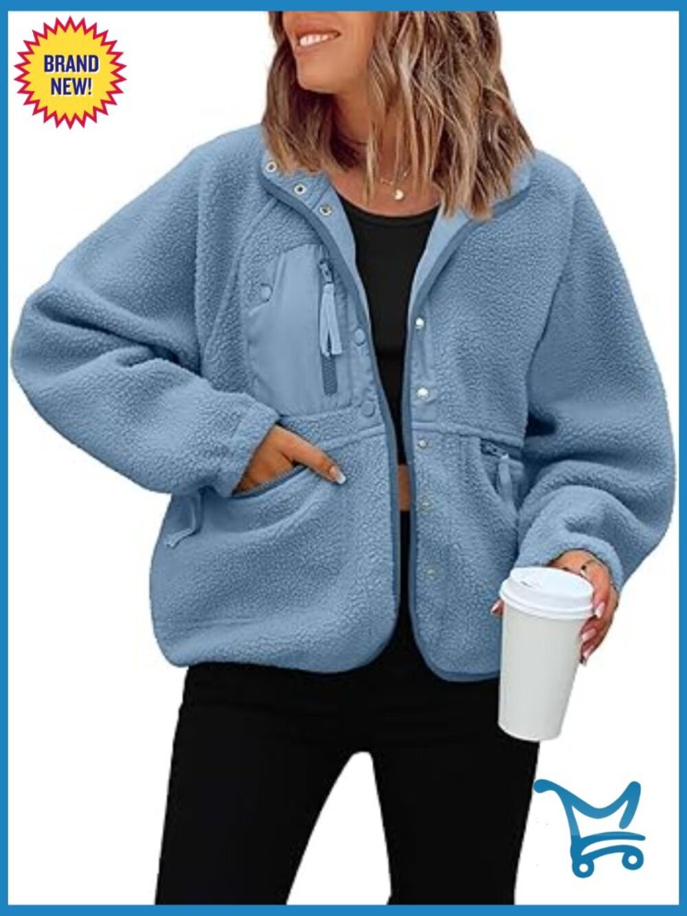 Womens Sherpa Jacket Casual Lapel Cropped Fuzzy Fleece Coat Button Down Long